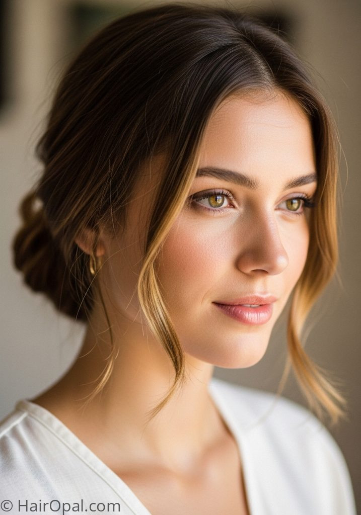 Young woman with loose low bun cute hairstyles simple medium hair easy up