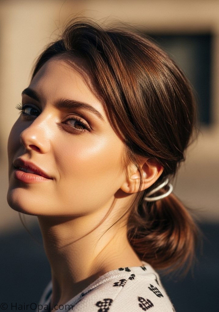 Young woman with low ponytail wrapped elastic cute hairstyles simple easy medium up