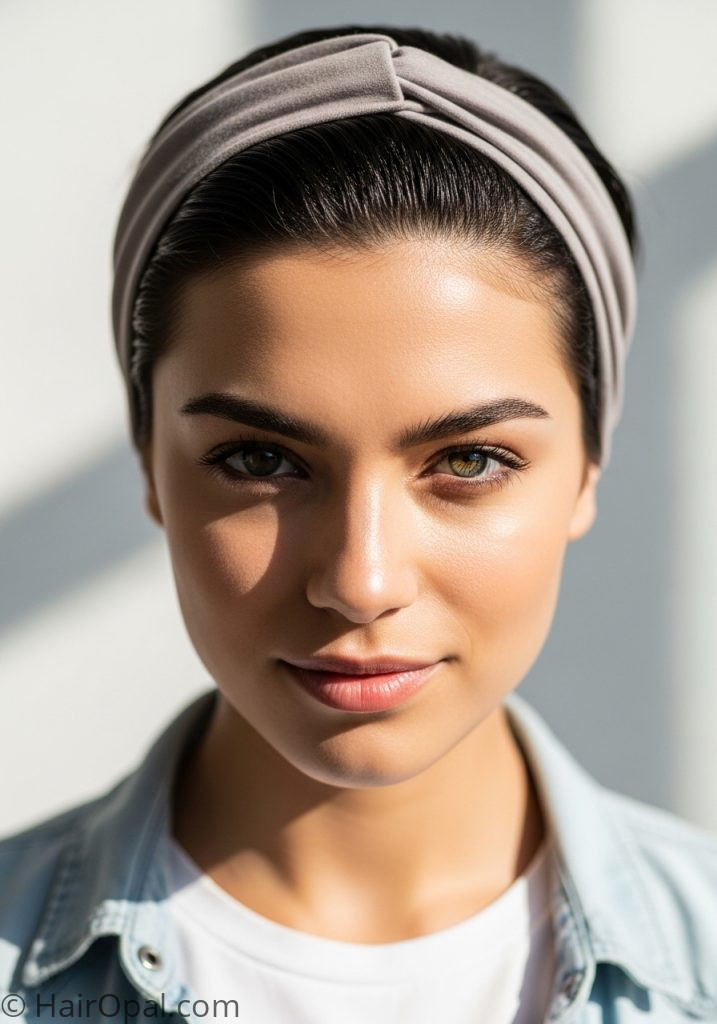 Young woman with short hair headband cute hairstyles simple short hair easy up