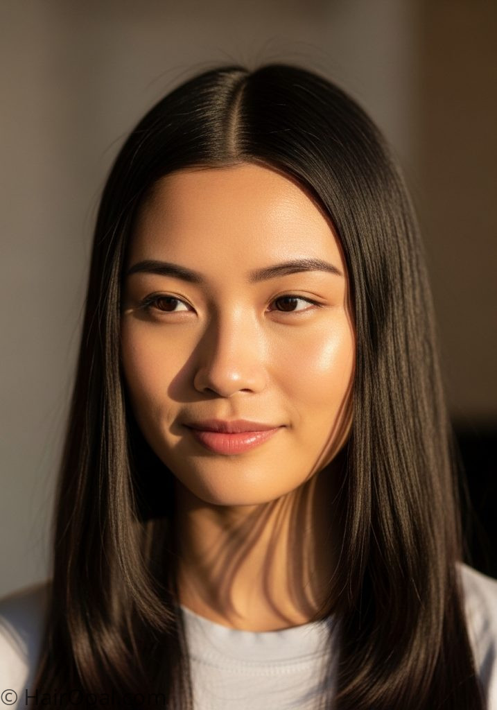 Young woman with straight middle part cute hairstyles simple straight hair down easy