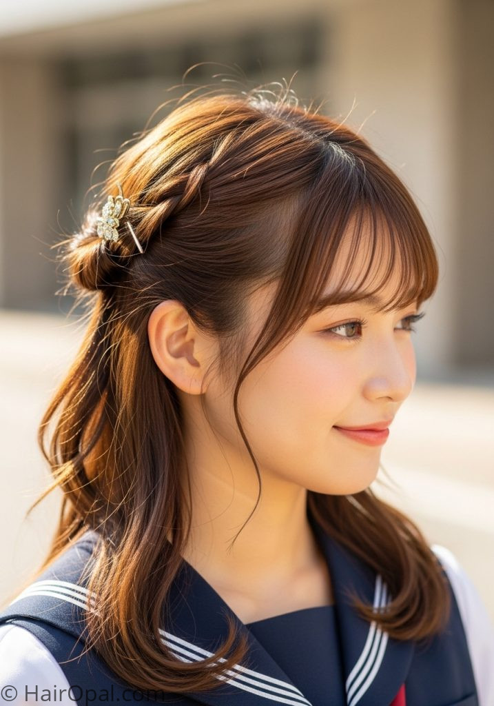 Young woman with twist knot half up cute hairstyles simple for school medium easy up