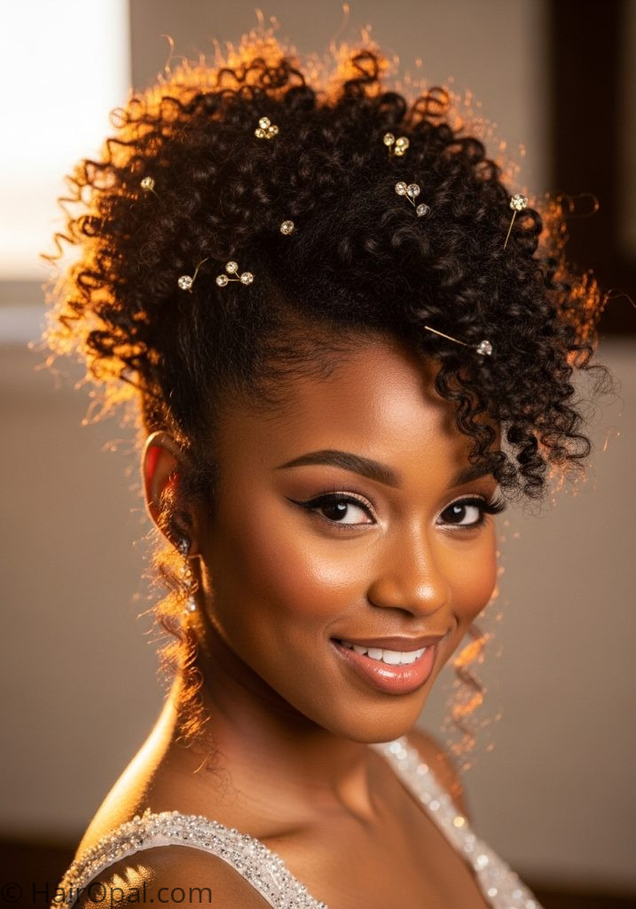 Black young woman with natural hair updo cute prom hairstyles black women updo curly