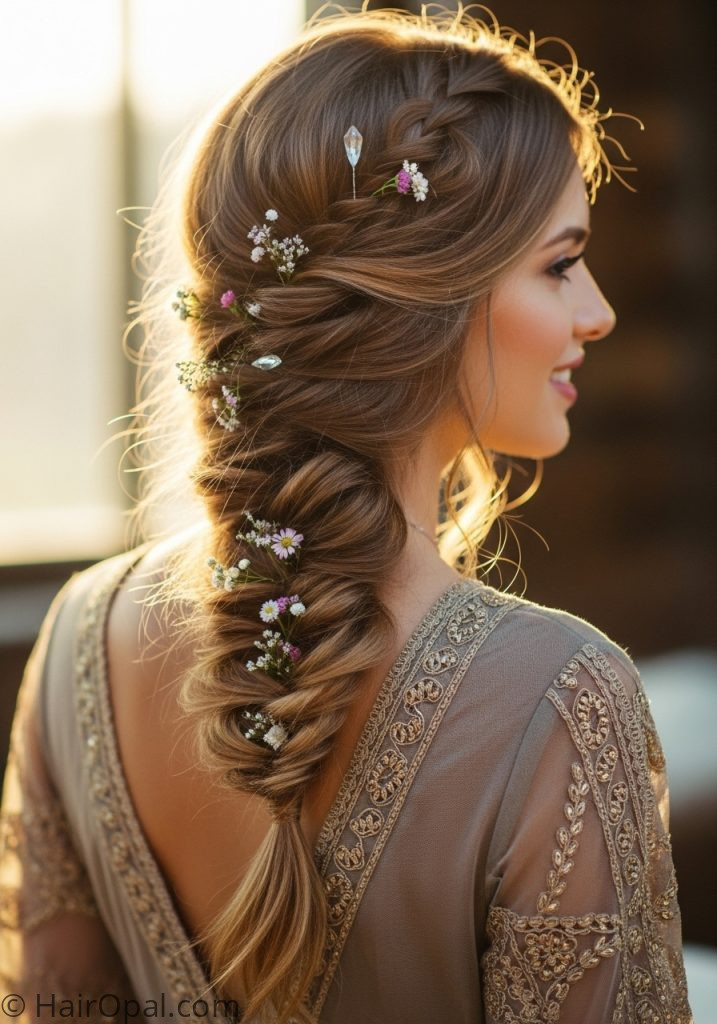 Young woman with boho braid down cute prom hairstyles with braids down for long hair