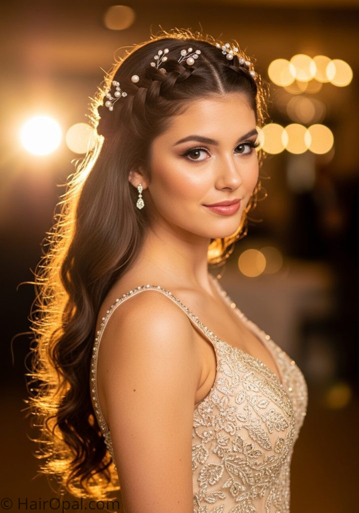 Young woman with braided crown loose curls down cute prom hairstyles with braids for long hair