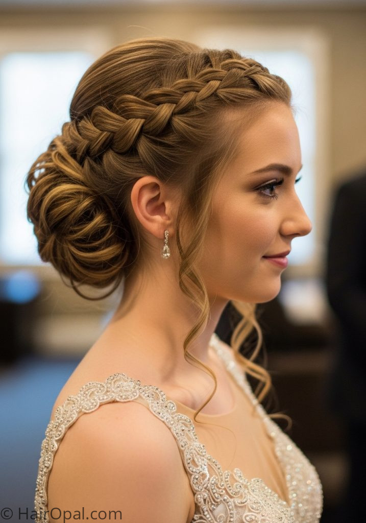 Young woman with braided updo loose curls cute prom hairstyles with braids updo long