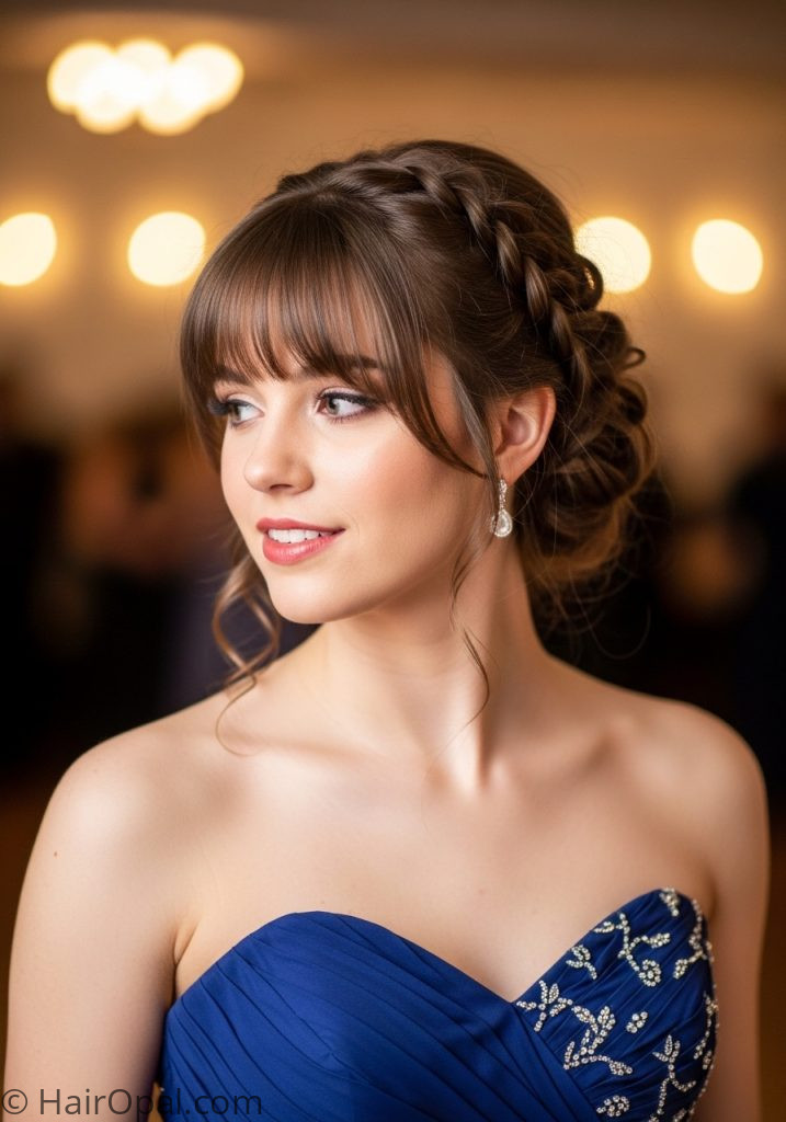 Young woman with braids bangs cute prom hairstyles with braids with bangs updo