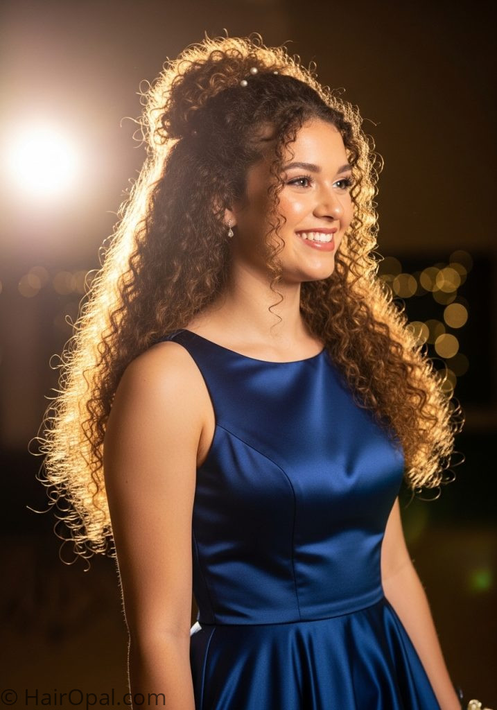 Young woman with curly half up style cute prom hairstyles for curly hair easy medium