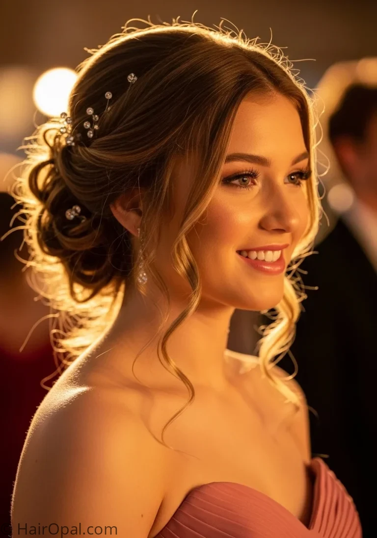 cute prom hairstyles young woman with romantic loose updo crystal pins prom night