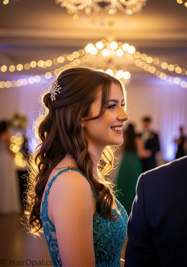 Young woman with half up curls cute prom hairstyles for medium hair down easy