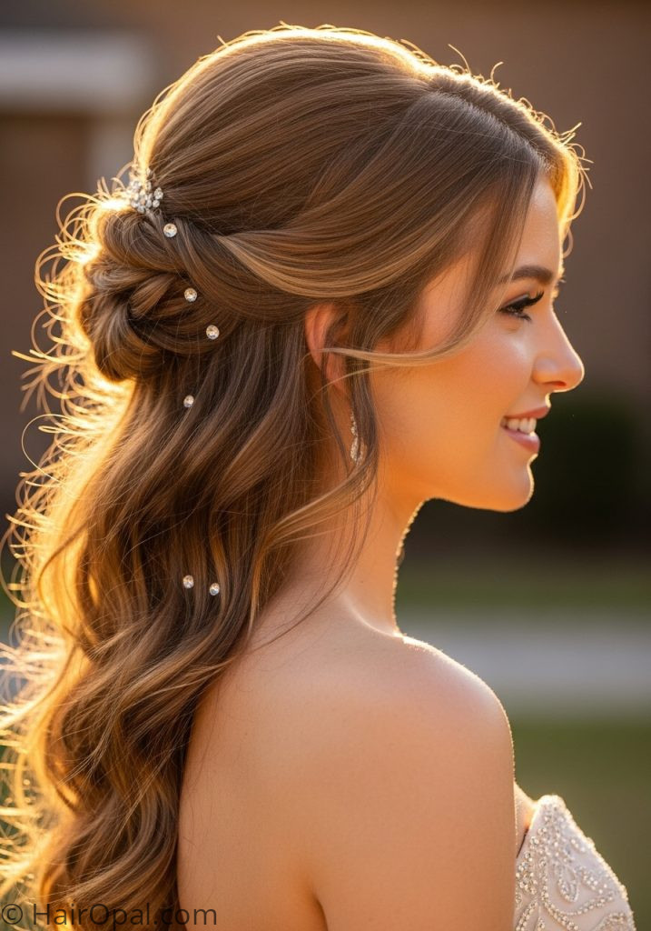 Young woman with romantic loose updo crystal pins cute prom hairstyles updo long hair