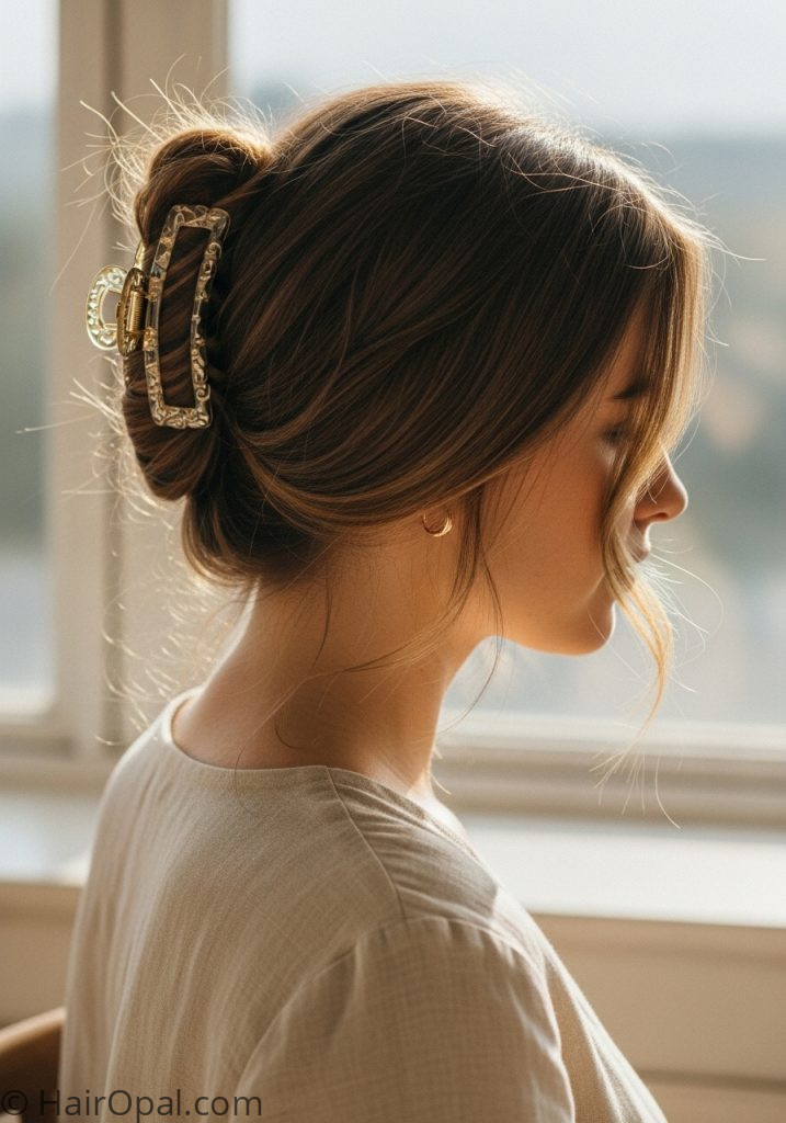 Young woman with claw clip twist cute summer hairstyles with claw clip medium hair