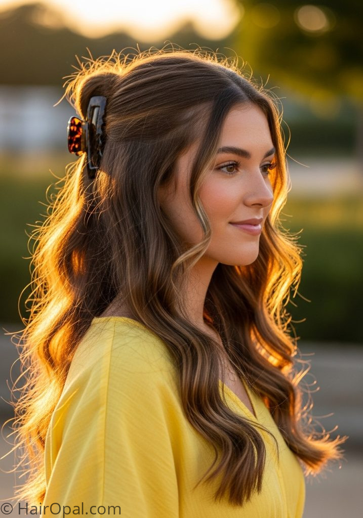 Woman with claw clip half up waves cute summer hairstyles with claw clip long hair