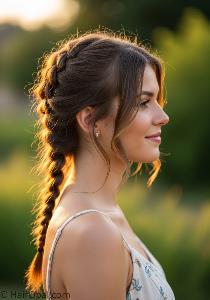 Young woman with French braid cute summer hairstyles for medium hair braids
