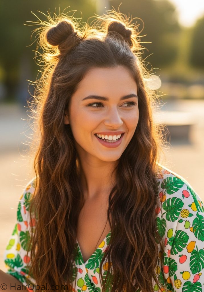  Young woman with half up space buns cute summer hairstyles for teens easy