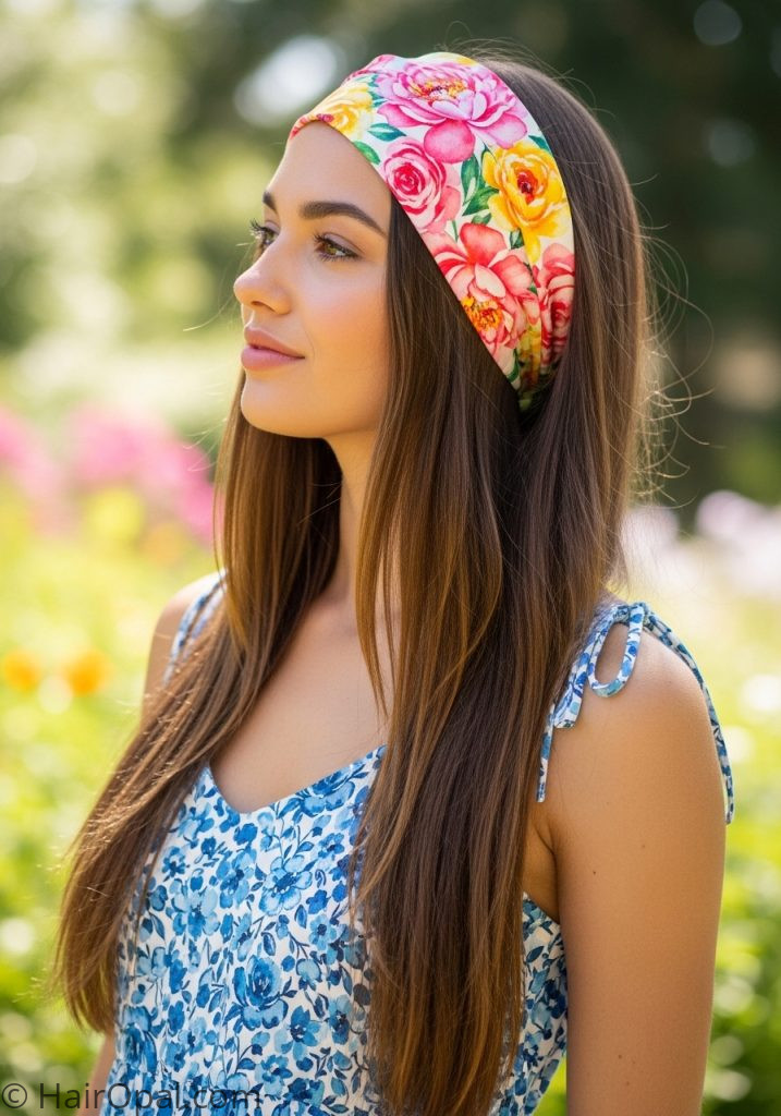 Young woman with floral headband half up cute summer hairstyles straight hair easy teens