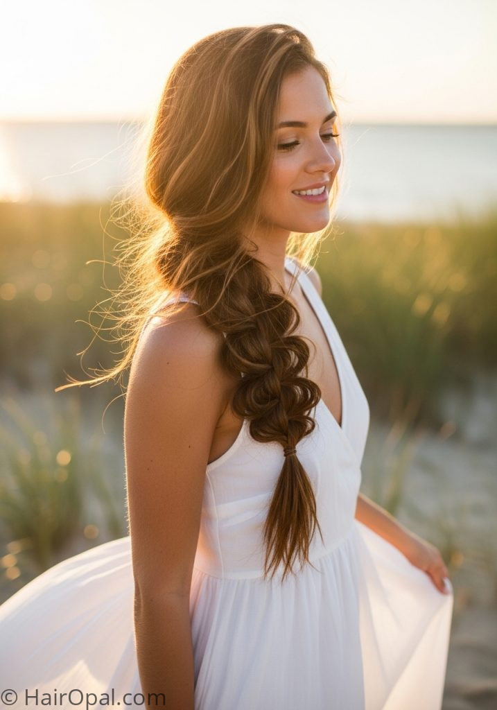 Woman with loose side braid cute summer hairstyles for long hair easy braids
