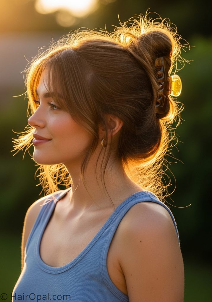 Young woman with messy bun claw clip cute summer hairstyles with claw clip medium hair