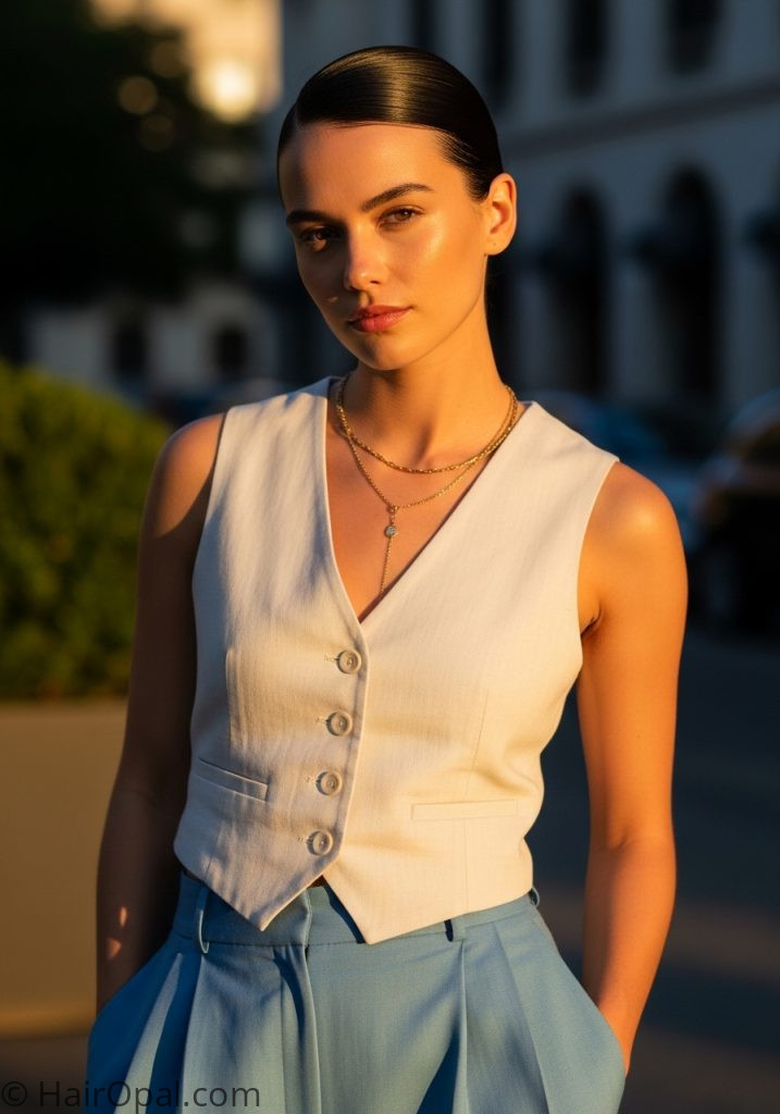 Young woman with sleek low bun cute summer hairstyles for short hair easy