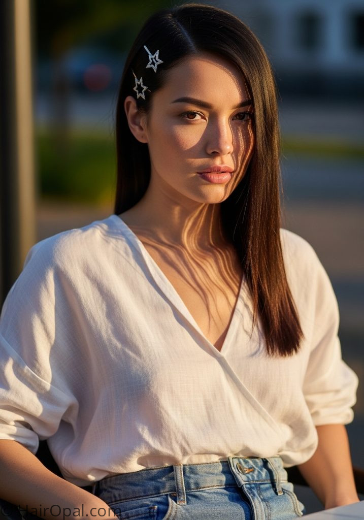 Young woman with straight hair clips side part cute summer hairstyles straight hair easy