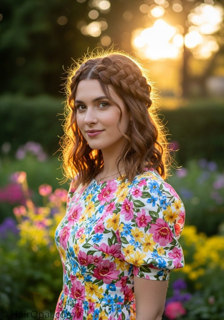 Woman with braided crown cute updo hairstyles for medium long hair