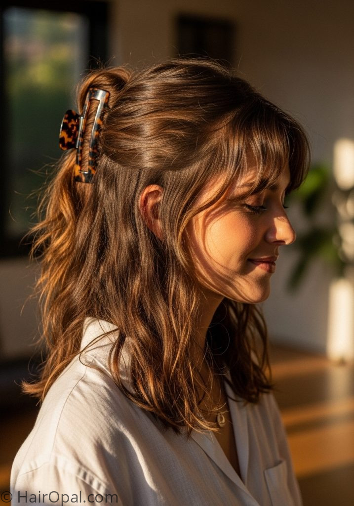 Woman with claw clip half up cute updo hairstyles casual easy