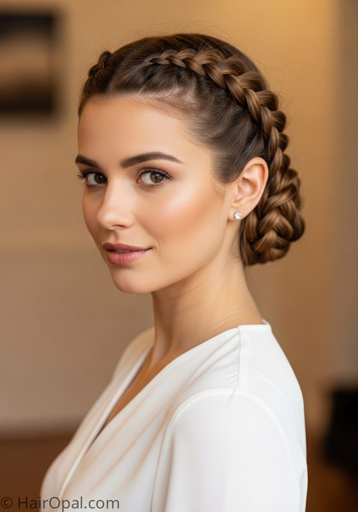 Woman with Dutch braid into low bun cute updo hairstyles for medium hair