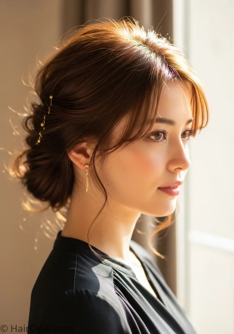 cute updo hairstyles woman with romantic twisted updo gold pins medium hair