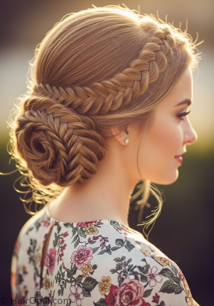 Young woman with fishtail braid bun cute updo hairstyles for long hair