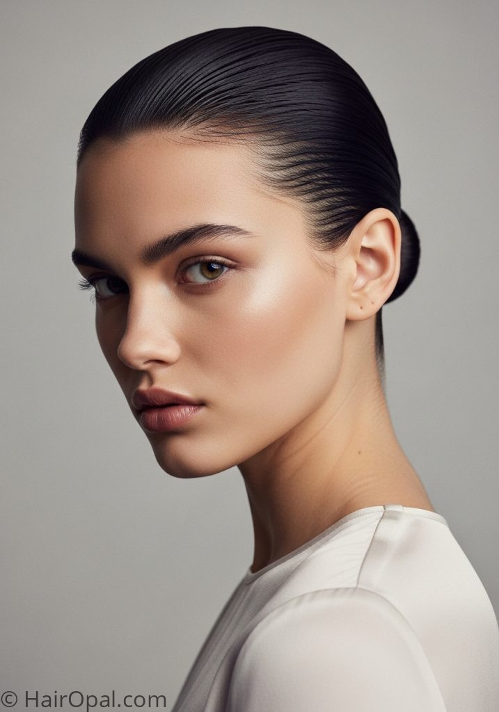 Young woman with sleek low bun cute updo hairstyles for short hair