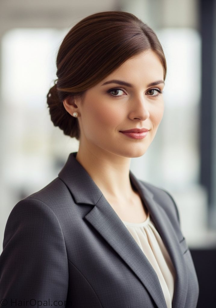 Young woman with low chignon cute updo hairstyles for work medium hair