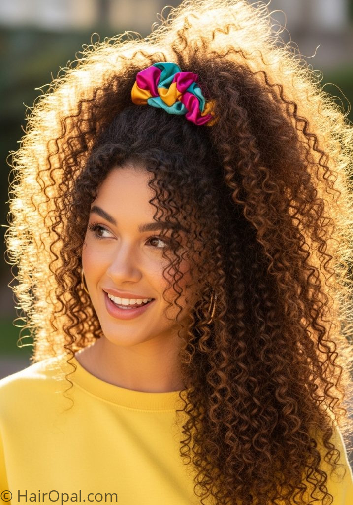 Young woman with pineapple updo cute updo hairstyles for curly hair long