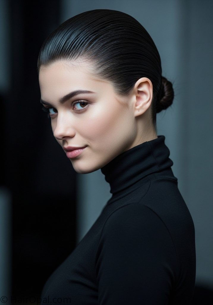Young woman with slicked back bun cute updo hairstyles short hair
