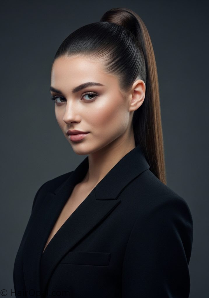 Woman with sleek high ponytail cute updo hairstyles for work long hair