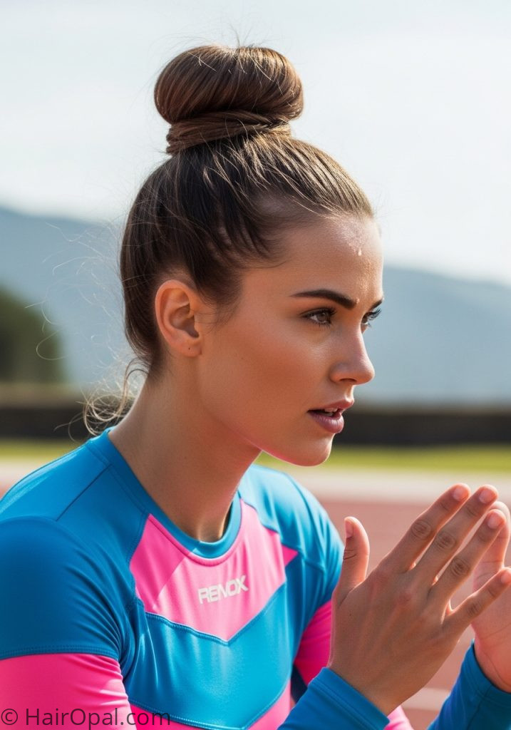 Young woman with high bun cute updo hairstyles for sport easy