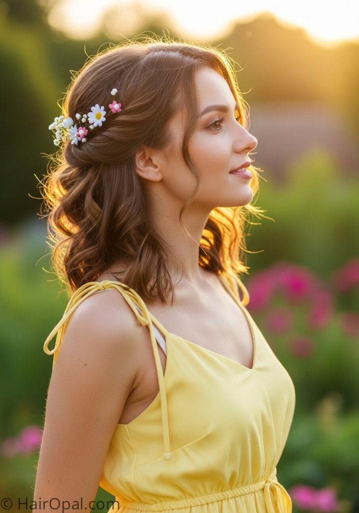 Young woman with summer updo cute updo hairstyles casual elegant medium hair