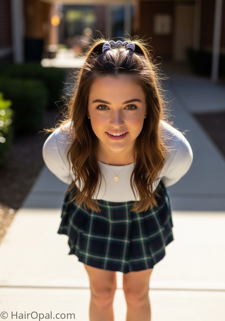 Young woman with twisted half up cute updo hairstyles easy for school