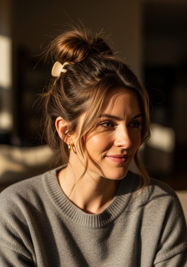 Woman with easy claw clip bun updo hairstyle, effortless casual look in seconds