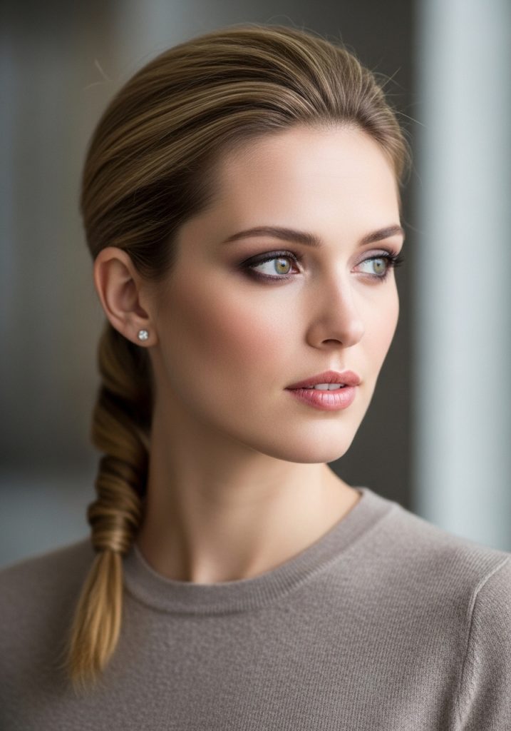 Woman with easy sleek low ponytail everyday hairstyle, polished put together look 