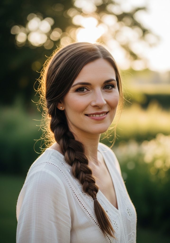 Woman with easy three strand side braid hairstyle, simple and romantic look 
