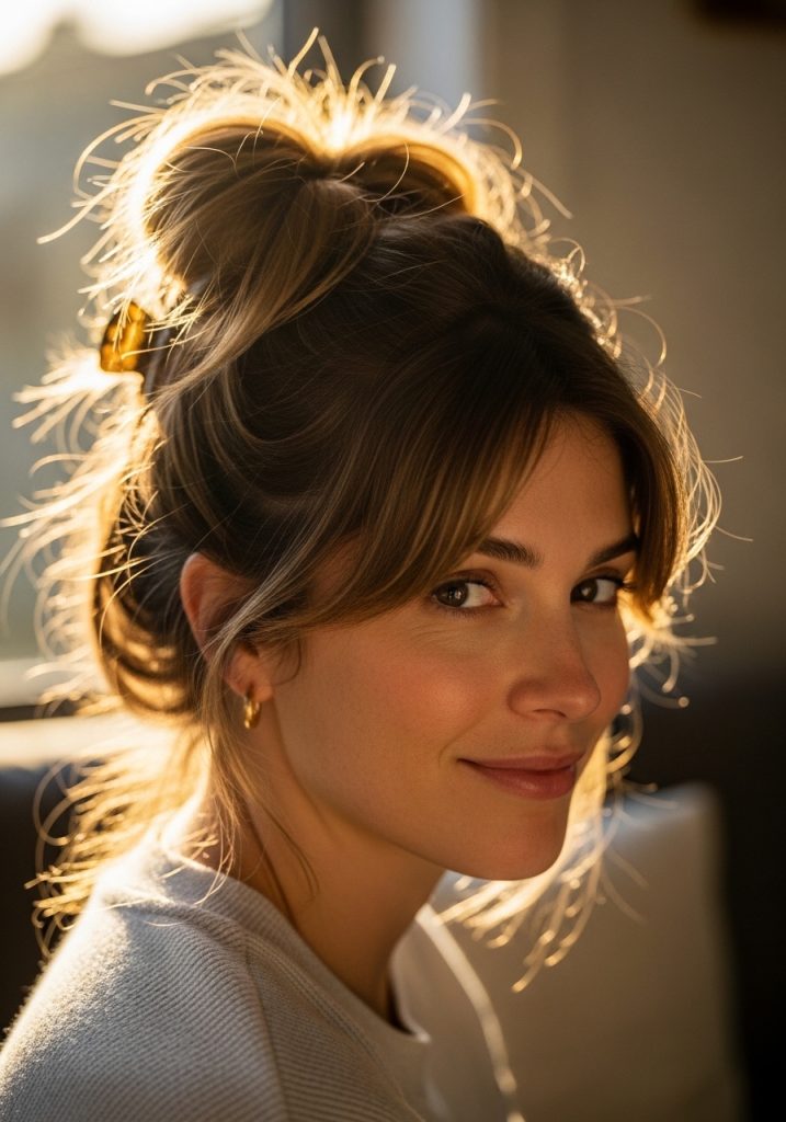  Woman with easy claw clip updo hairstyle, effortless casual look in seconds