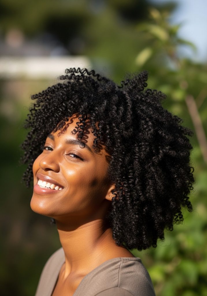 Woman with easy wash and go curly hair hairstyle, defined natural curls no heat
