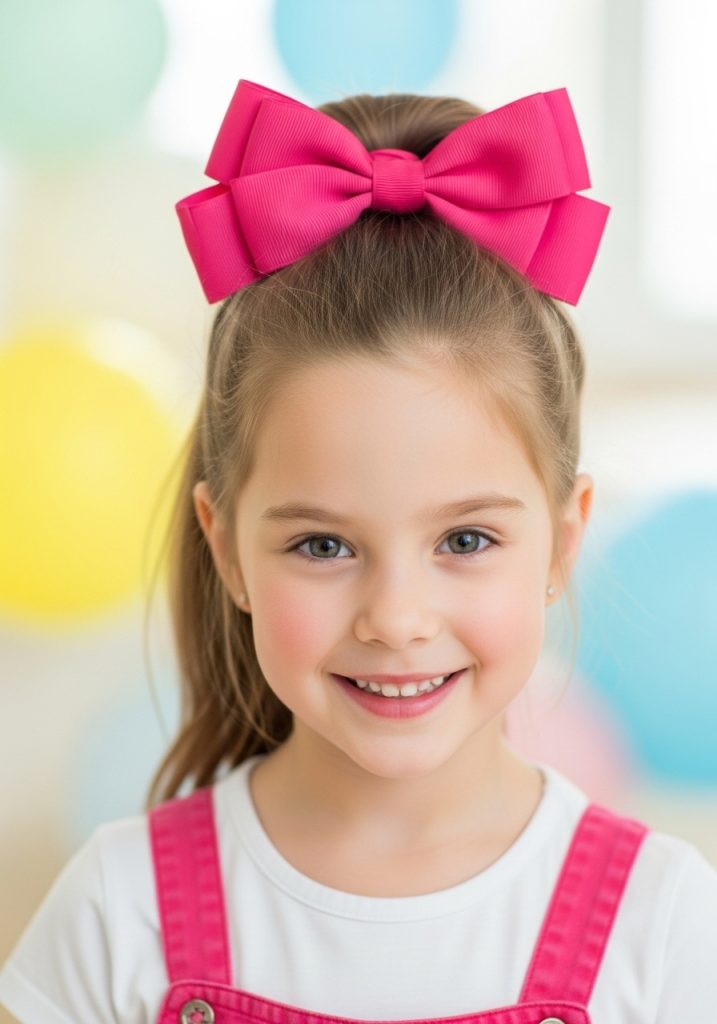 Little girl with easy ponytail and bow hairstyle, cute and quick kids look 