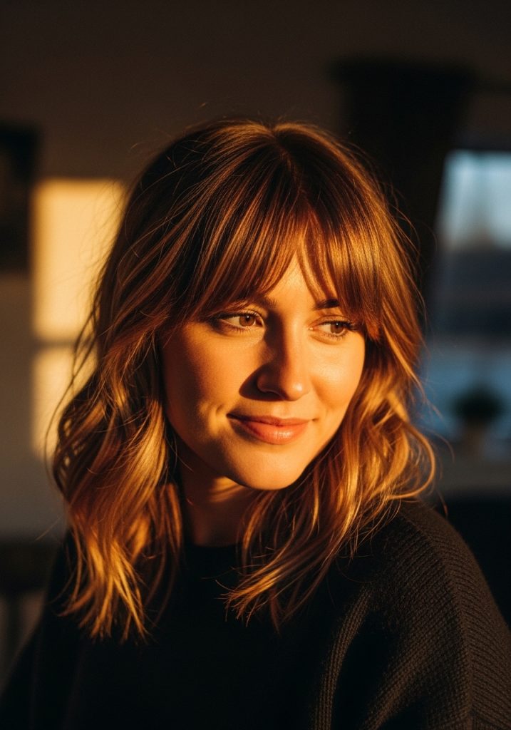 Woman with easy curtain bangs and loose waves hairstyle for medium hair