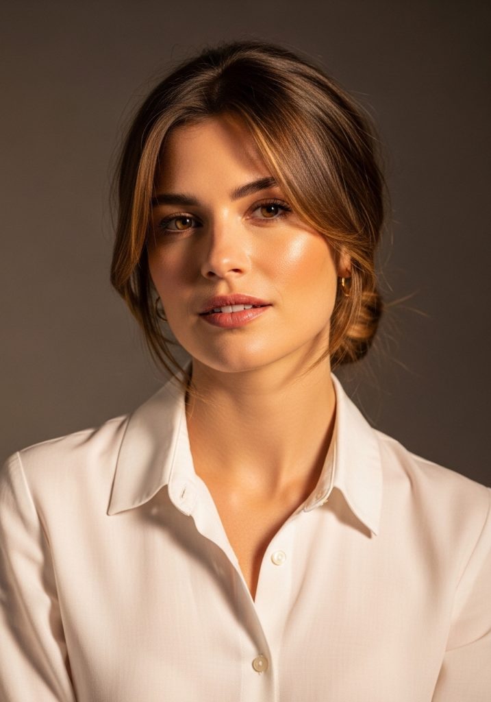 Woman with easy low bun hairstyle for medium hair, effortless polished look