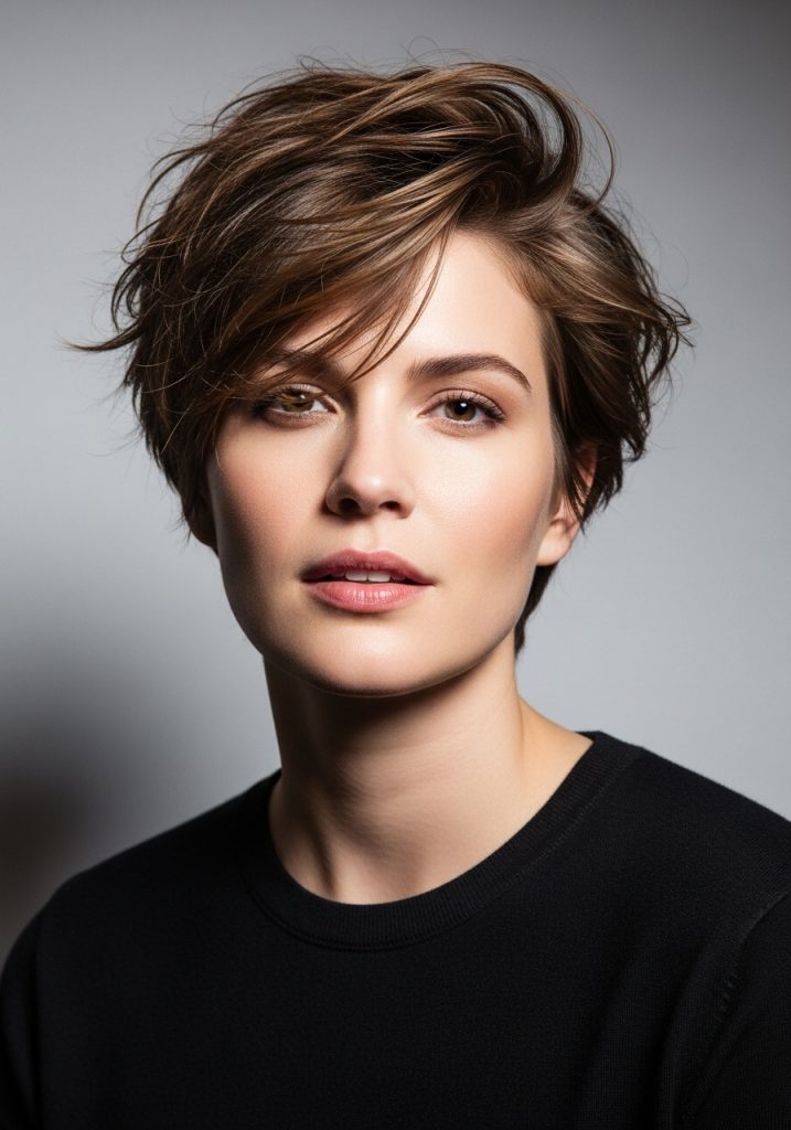  Woman with easy textured short hairstyle, effortless volume and movement