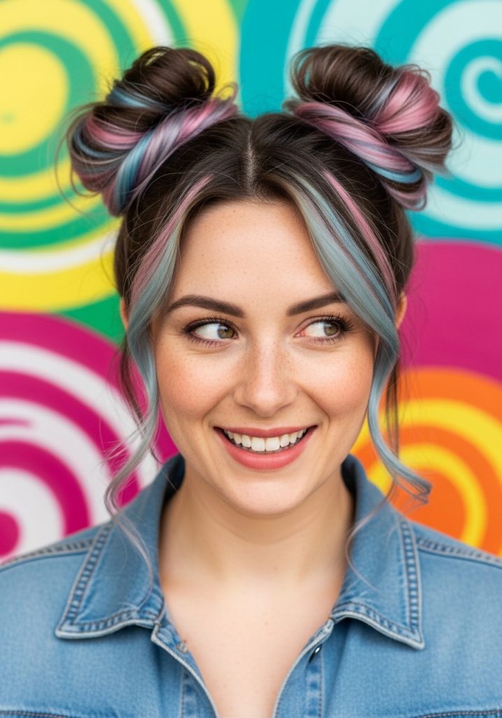  Woman with easy space buns hairstyle done at home, playful fun look