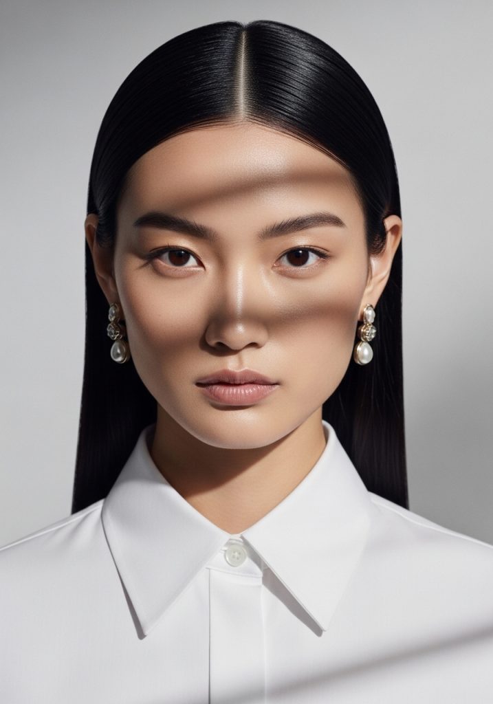 Woman with easy sleek middle part hairstyle for straight hair, polished modern look