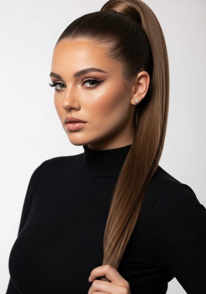 Woman with easy sleek high ponytail hairstyle for thick hair, polished powerful look 