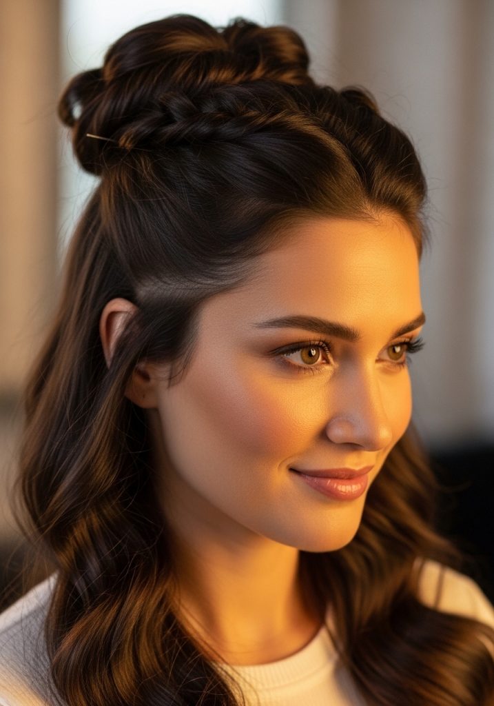 Woman with easy twisted half up hairstyle for thick hair, volume control with style 