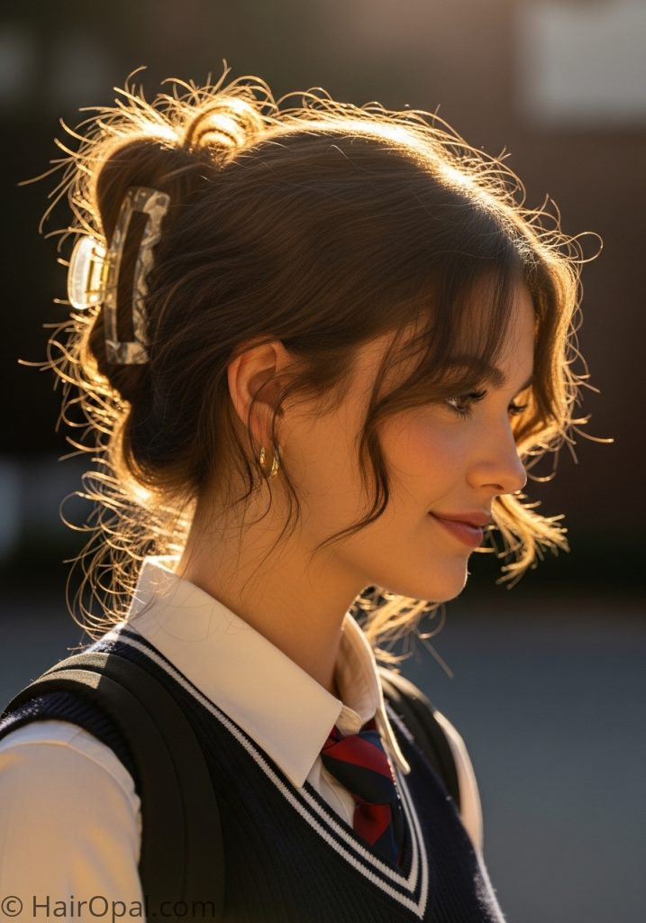 Young woman with claw clip updo easy hairstyles for school updo medium hair simple